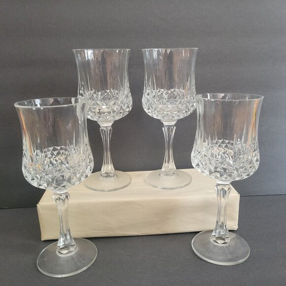 Cristal D'arques Set Of 4 Clear Crystal Cut Stemmed Wine Glasses 8" Longchamp - Picture 1 of 8